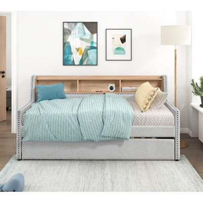 Lit de jour gris clair 1Pc avec bibliothèque gigogne escamotable
