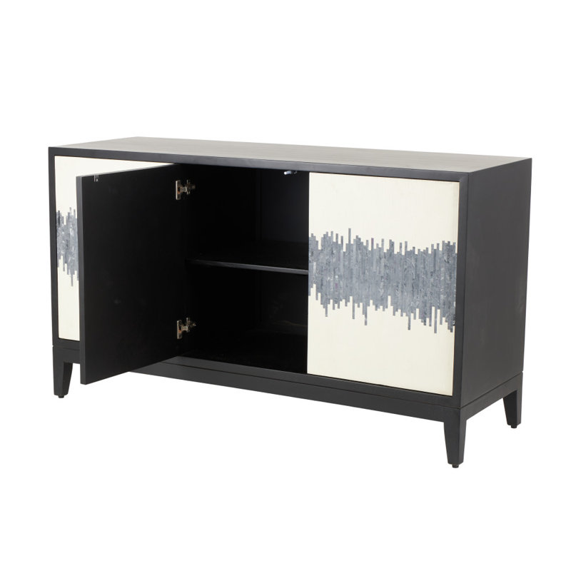 Mango Wood 3 Door And 3 Shelf Black Media Credenza Sideboard With White Front And Blue Striped Pattern