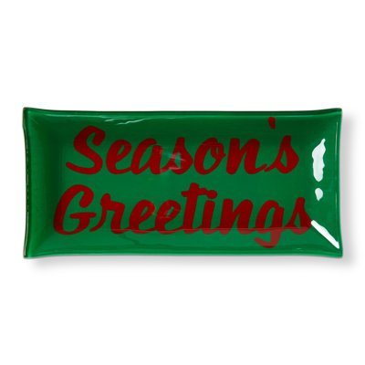 Seasons Greetings Glass Trinket Tray Green Christmas