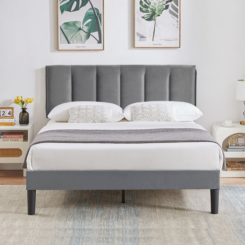 Auxter Upholstered Platform Bed Frame with Vertical Channel Tufted Adjustable Headboard, Velvet Fabric Mattress Foundation with Strong Wooden Slats, Heavy Duty, No Box Spring Needed, Noise-Free
