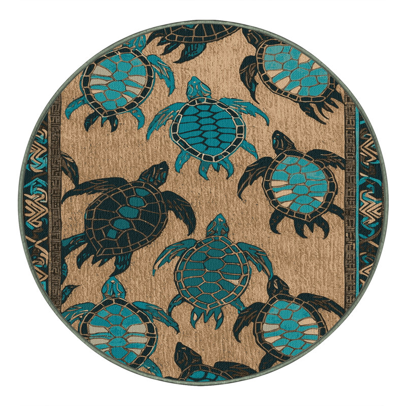  Washable Sea Turtles Hawaiian Area Rug, Rond 7 pi