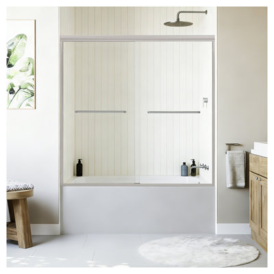 Porte de douche coulissante double pour baignoire, dimensions 56 à 60 po L x 58 po H, porte de baignoire semi-encadrée à ouverture latérale, en verre trempé de 6 mm (1/4 po) et cadre en aluminium réglable, fini nickel brossé.