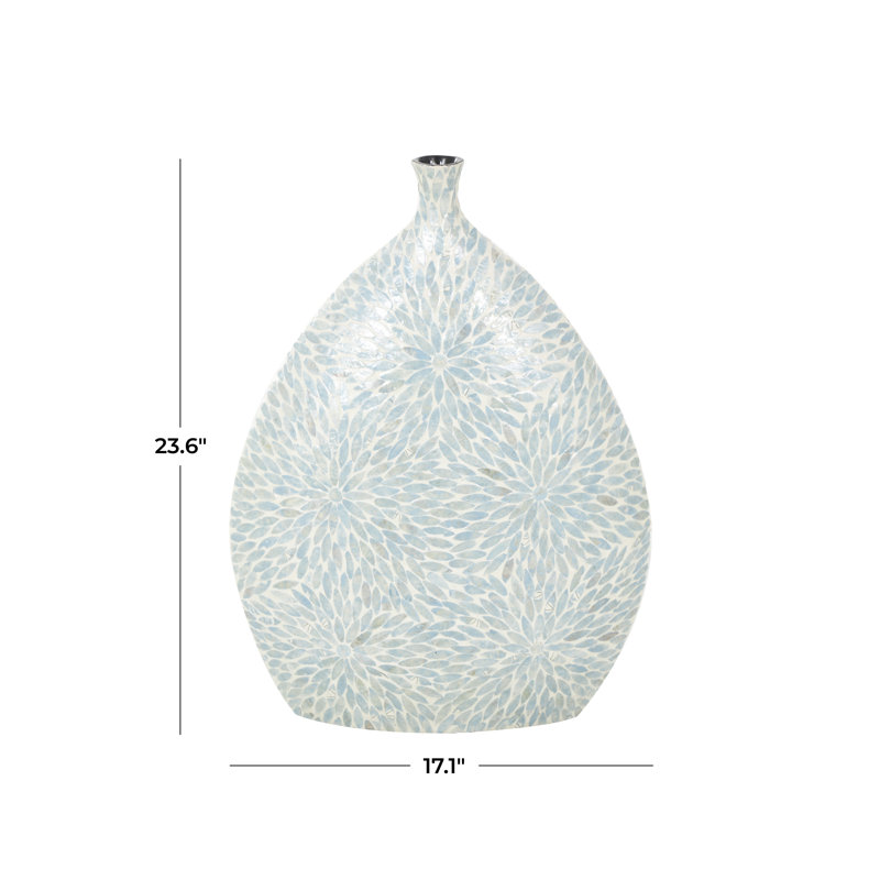 Pragathi Mother of Pearl Shell Handmade Large Mosaic Floral Decorative Light Blue Vase with Cream Underlay