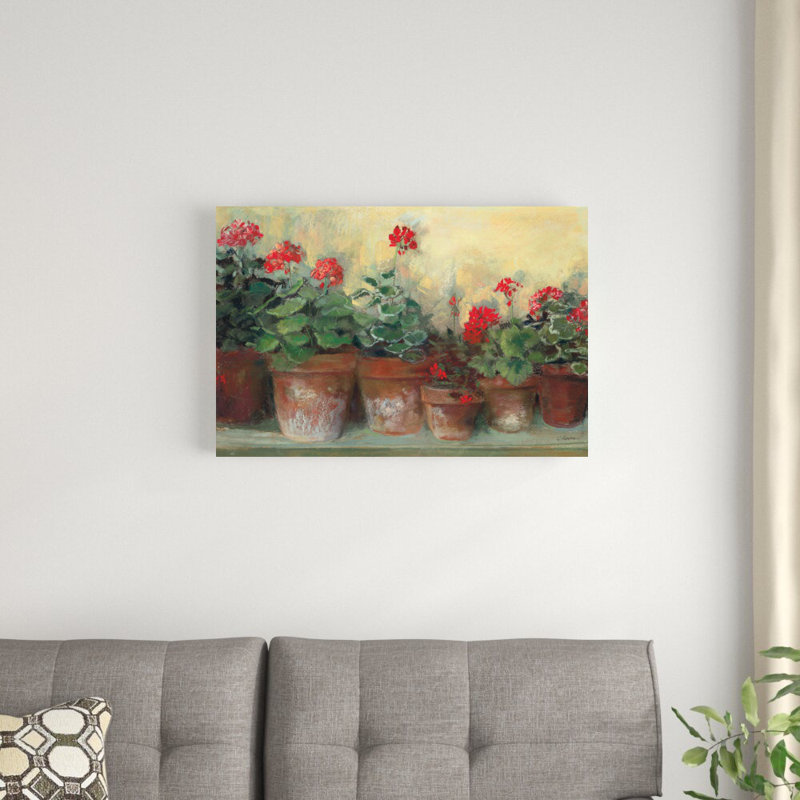 Kathleens Geraniums par Carol Rowan, reproduction d'art sur toile tendue, H 20 po x l 30 po, Non, Imprimé avec cadre noir