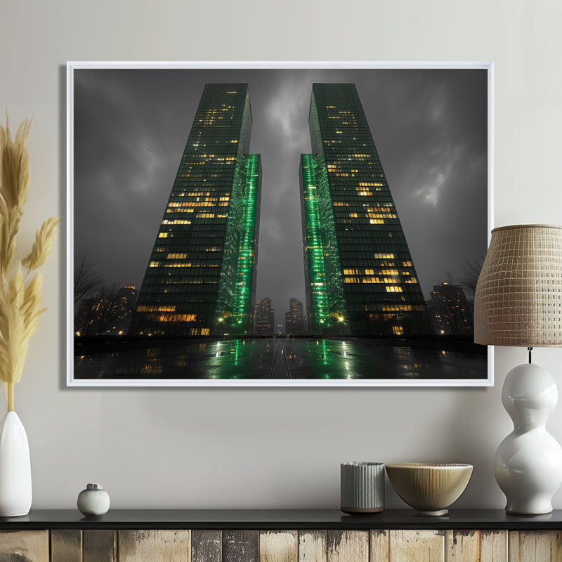 Vert, gris, bâtiment urbain, tours, impression d'art mural, Cadre flottant blanc, bois massif, H 30 po x l 40 po