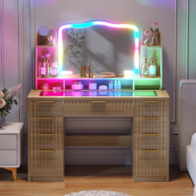 Modern Large Dressing Table with 9 Drawers, Tempered Glass Top, RGB Light Mirror, and Charging Station, Natural