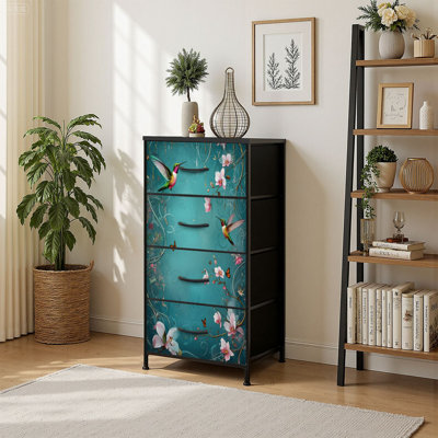 4 Drawer Vertical Storage Dresser Vibrant Hummingbirds Blossoming Flowers Butterflies Teal with Wood Top Fabric Pull Drawers