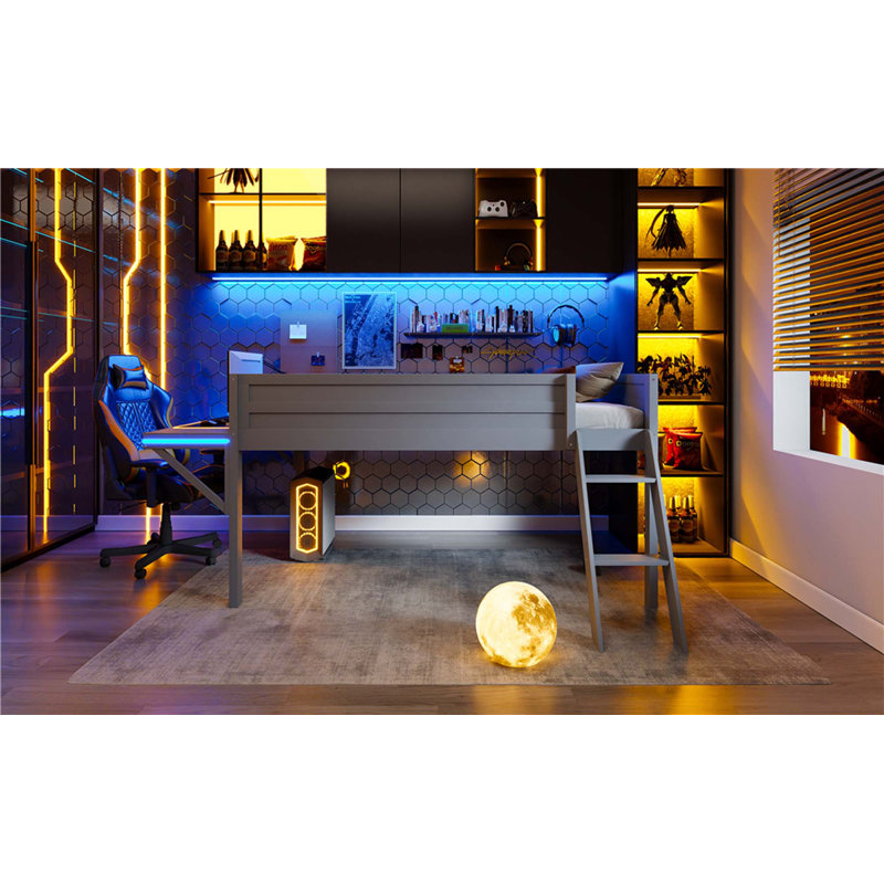 Lit mezzanine en bois avec bureau et DEL, Lit double
