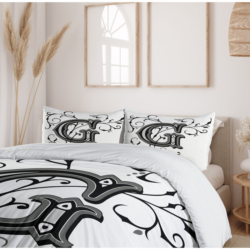 Black and White Queen Size Monogram Duvet Cover Set