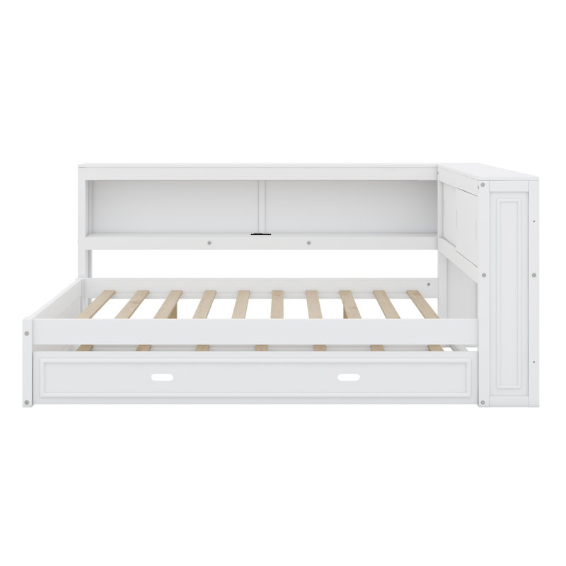 Daybed With Storage Shelves, USB, LED, And Trundle, White