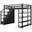 Lit mezzanine double en métal avec tablettes de rangement, armoires et garde-robe, noir
