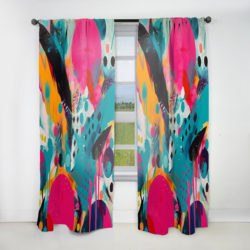 Rideau en velours abstrait rose et turquoise Enigma I - 1 panneau, L 52 po x L 84 po
