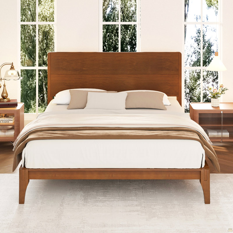 Mid-Century Modern King Size 12 Inch Bamboo Wood Platform Bed with Wood Slat Metal Support, No Box Spring Needed, Easy Assembly