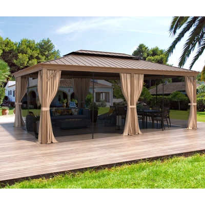 14'x20' Outdoor Gazebo With Galvanized Steel Double Roof And Wood Grain Aluminum Frame – Permanent Metal Pavilion With Curtains And Netting For Patio, Backyard, And Deck