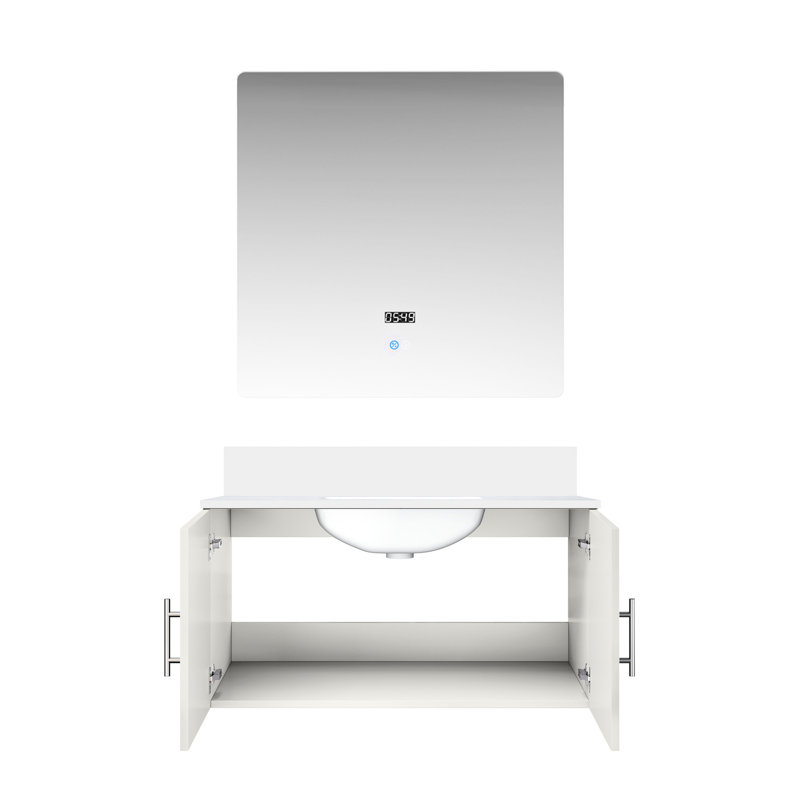 36 po Miroir à DEL avec meuble-lavabo blanc brillant et comptoir en quartz, Blanc lustré