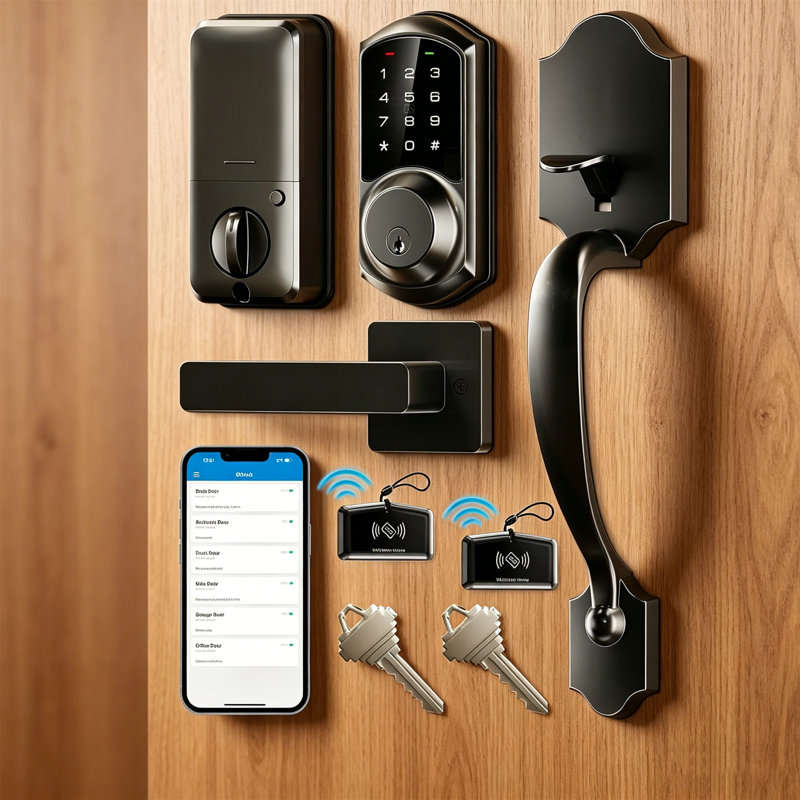 Serrure intelligente 5-en-1 avec ensemble de poignées, contrôle de l'application, pêne dormant d'entrée sans clé avec poignée levier, clavier tactile numérique électronique, verrouillage automatique, installation facile