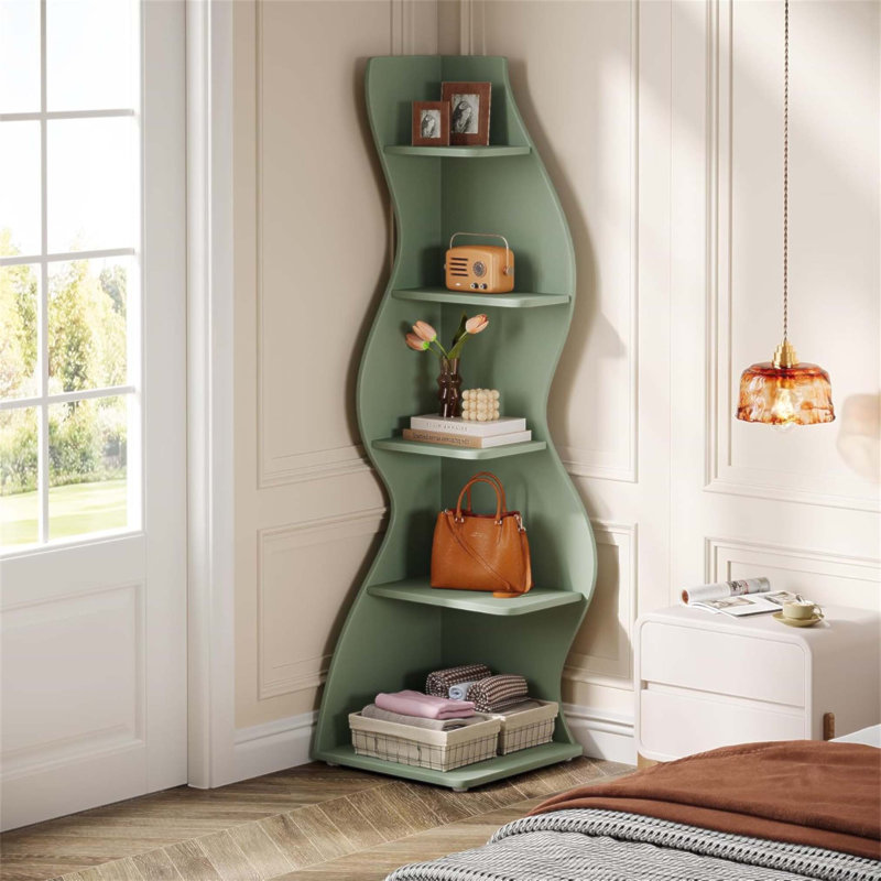 Bibliothèque de coin et support à plante à 5 niveaux de 69,8 pouces de hauteur vert ondulé pour petits espaces, parfait pour la vie moderne et l'organisation
