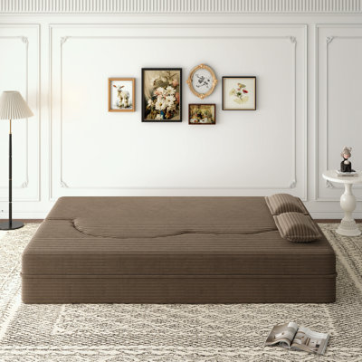 Modern Convertible Floor Sofa with 2 Pillows, Plush Corduroy Foam-Filled Sleeper, Full Size Folding Mattress, No Assembly Required, Coffee