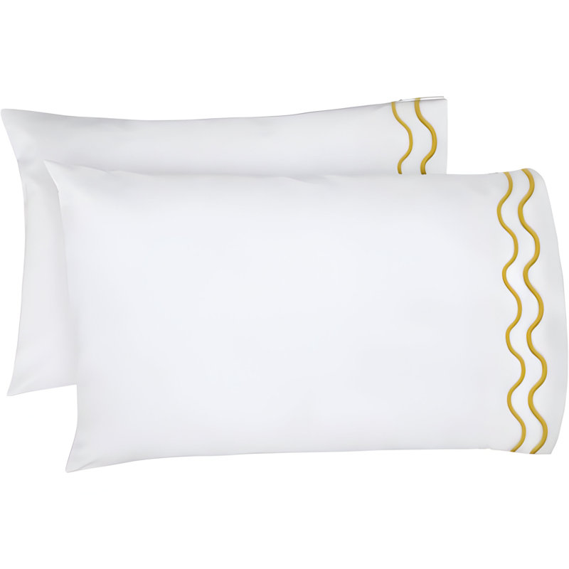 400TC Double Wavy Embroidered Cotton Pillowcases (Set Of 2), 20"H x 28"W, White/Gold