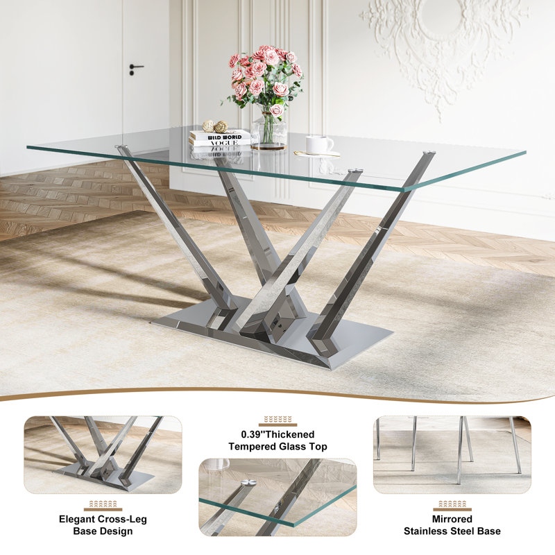 Glass Top Metal Base Dining Table, Silver