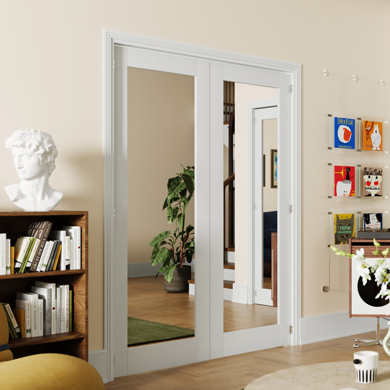 1 porte intérieure à miroir double 1 - Panneaux de porte en panneau de fibres à densité moyenne blanc avec cadre pré-monté et ensemble de quincaillerie 