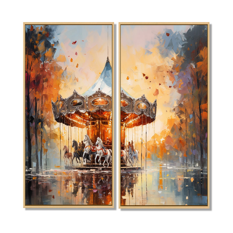 Carousel in Sunset Charm - art mural sur toile beige, H 20 po x l 24 po, Reproduction encadrée sans passe-partout