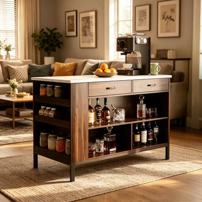 2 Drawers Home Bar Table With Storage Shelves