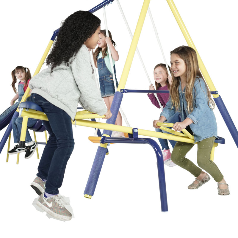 Yellow Metal Outdoor Swing Set with Slide and Teeter-Totter
