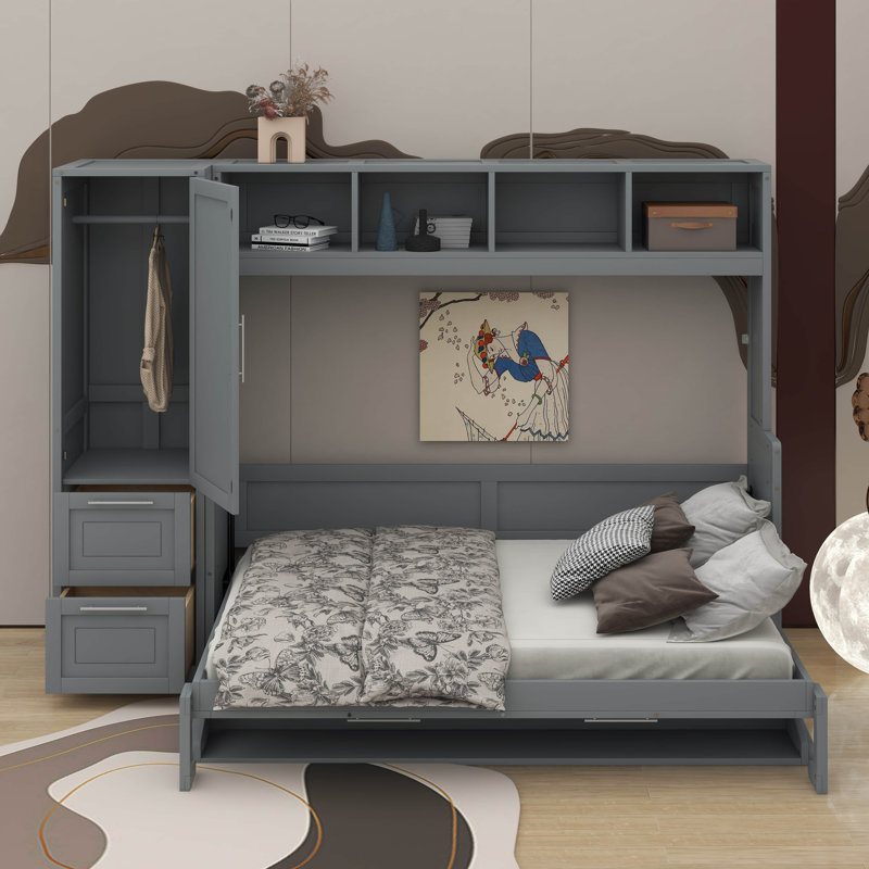 Lit escamotable double avec placard et tiroirs, Gris