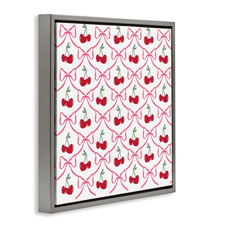 Joli cadre flottant à motif de cerises et d'arcs, design par Lucille Price, H 18 po x l 18 po, Cadre flottant gris lustré