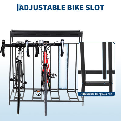 4-Bike Rack Floor Stand with Storage Baskets, Metal Bicycle Organizer for Garage, Adjustable Width Bike Parking Station for Mountain and Road Bikes