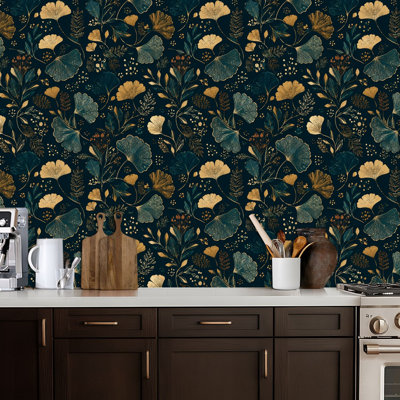 Peel and Stick Wallpaper Seamless golden gingko leaf An endless green leaves For Ideal Contact Paper Removable Self Adhesive Wall Mural Wall Decor for Bedroom Kitchen Cabinets 24in x 118in