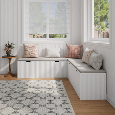 L-Shaped Storage Bench With Cushion- Modern Corner Breakfast Nook Bench For Kitchen, Entryway- White