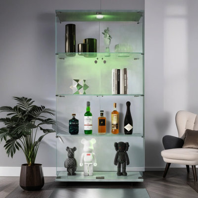 Lighted Glass Display Case - White, 4 Shelves, 12 Color Variations, 65.31h X 32.37l 14.64w, 5mm Tempered Glass, Solid Wood Back Shelf 4-shelf Showcase Options, Panels, Secure Storage Cabinet