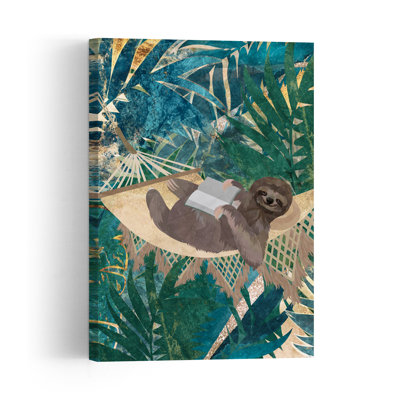 Relaxing Sloth Reading Abstract Forest Landscape Wall Art Print