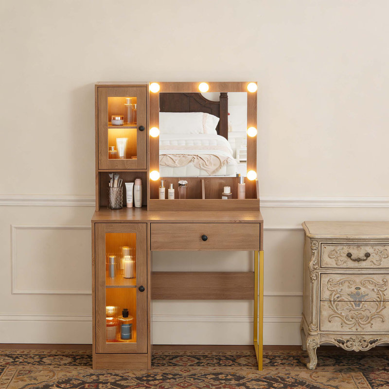Vanity Desk with Mirror & Lights, Makeup Table with USB Outlets, Storage Drawers & Adjustable Bulbs, Beige