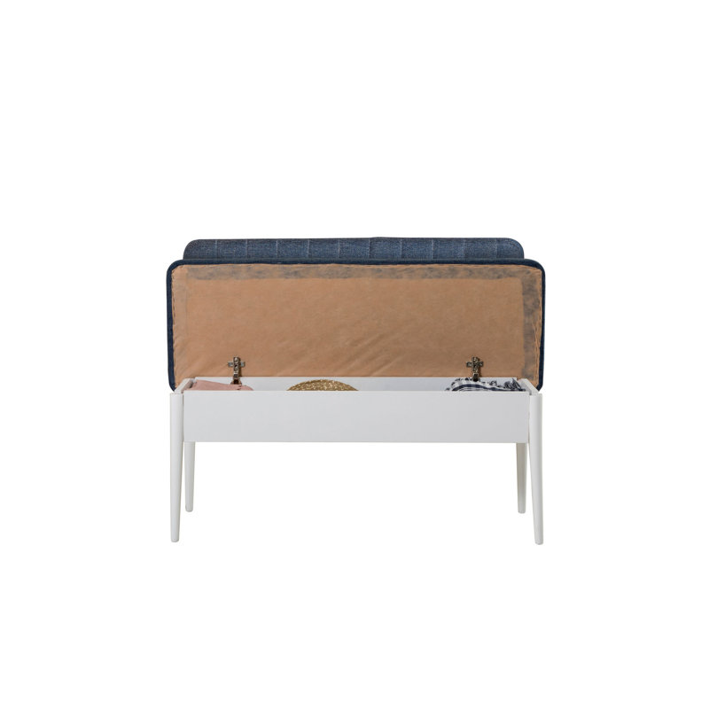 Modern Bank Bench with Storage, 100% Melamine Coated Particle Board, White & Dark Blue, 43.3 x 33.5 x 15.7 inches | 100% Linen Fabric, Hornbeam Legs | Stylish and Functional for Home & Office Use