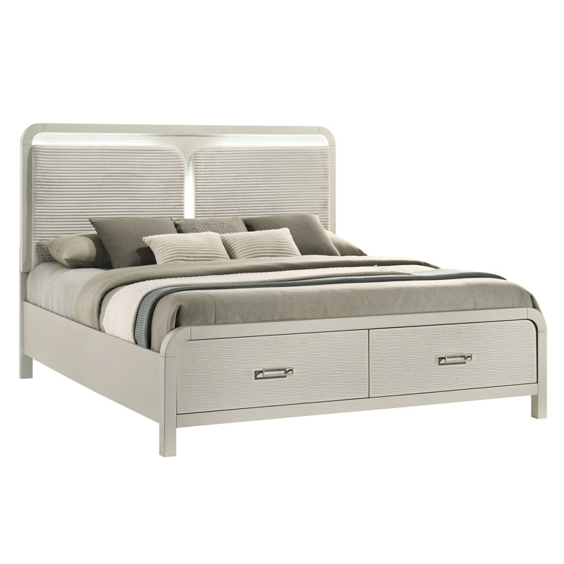 Grand cadre de lit grand avec éclairage d'ambiance et tiroirs intégrés, design contemporain, revêtement beige, tête de lit tapissier à tiroirs pour chambre à coucher, style moderne, finition, décoration