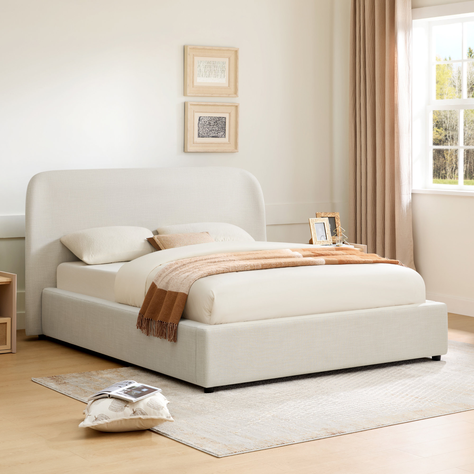 Upholstered Platform Storage Bed, Cream