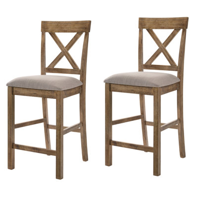 2 tabourets de comptoir en lin brun clair - dossier croisé, tabourets en bois beige et brun avec bourre en mousse pour la salle à manger