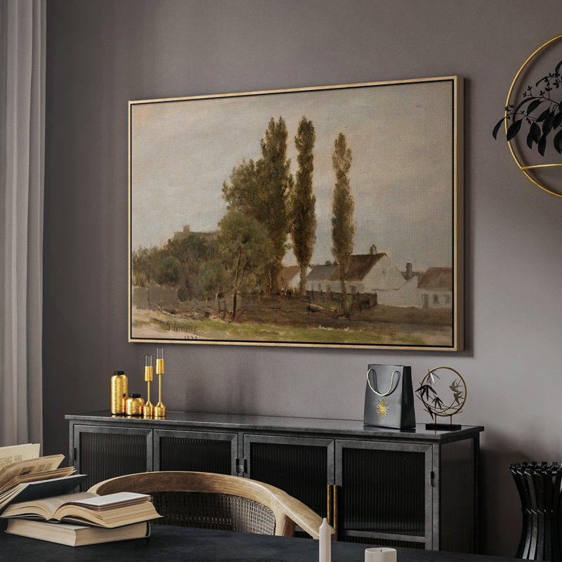Paysage rétro CCXXX, Toile avec cadre flottant or, H 27 po x l 41 po x P 2 po