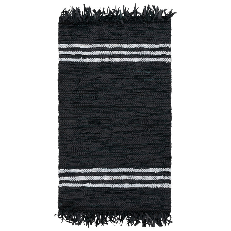 Tapis noir / ivoire en cuir tissé à la main Kyrae, Rectangle 3 pi x 5 pi