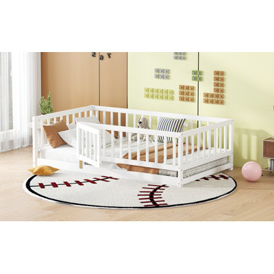 Lit simple au sol avec lattes, lit au sol Montessori avec clôture et porte, lit simple pour enfants Montessori, lit au sol en bois Montessori pour enfants, 