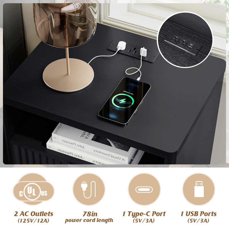 Black Nightstand, Narrow Wood Bedside Table with Storage Drawer, Modern Bedroom Nightstand, 17.7"x13.8"x23.4", Individual