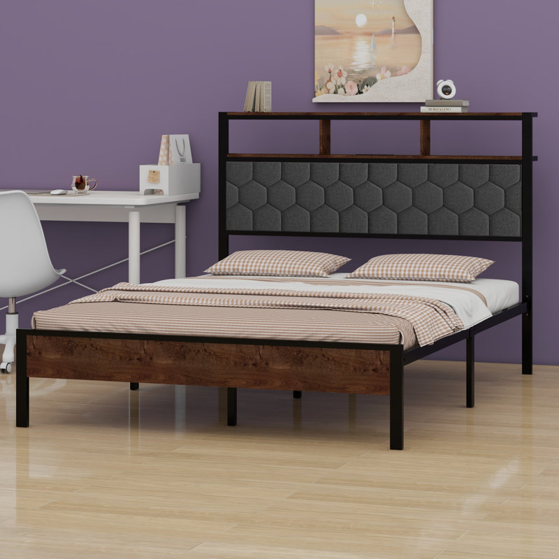 Base de lit plateforme en bois, chevet avec emballage souple et 2 pièces, grand espace de rangement au bas du lit, Grand lit