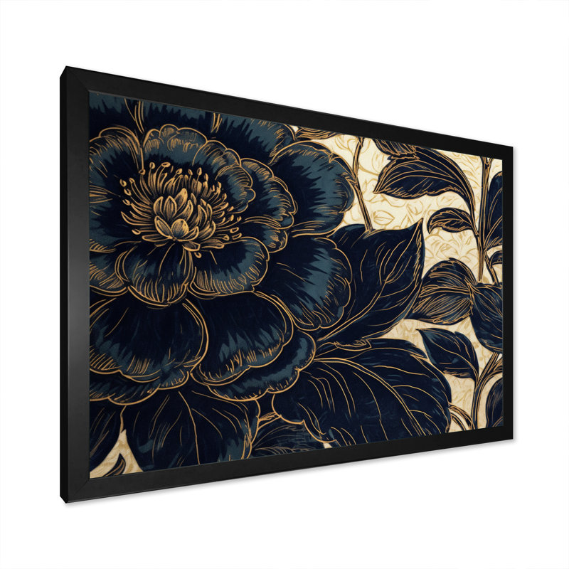 Pivoines bleues dorées, célébration sur toile, Cadre photo noir, H 12 po x l 20 po x P 1 po