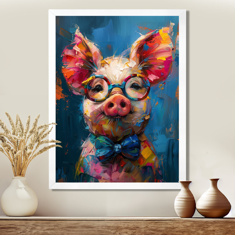 Curieux portrait de cochon bleu et rose, Toile encadrée blanche avec une seule photo, H 20 po x l 12 po x P 1 po