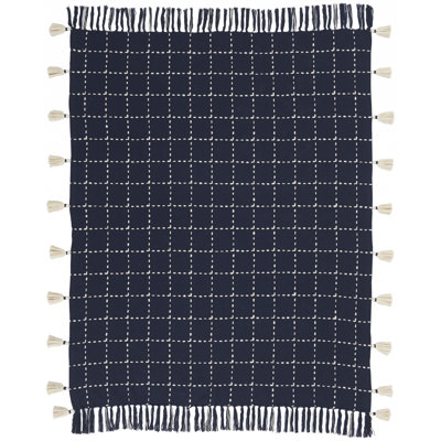 Navy And White Stitched Square Pattern Cotton Throw Blanket
