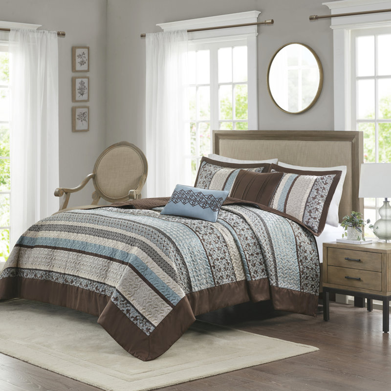 Ensemble de couvre-lit réversible en jacquard Princeton, Couvre-lit très grand + 2 taies décoratives trè, Bleu / beige / brun