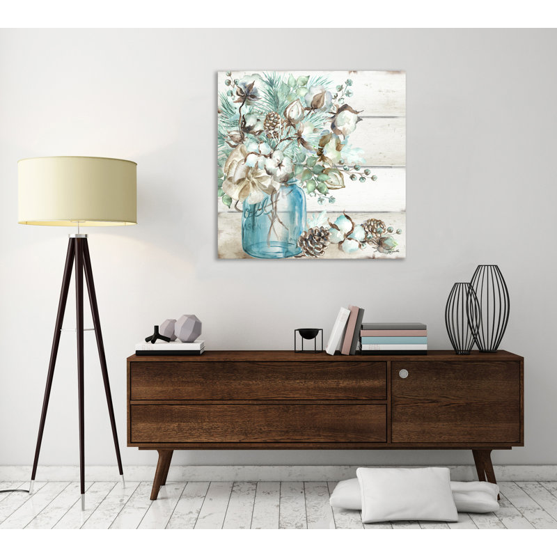 Cotton Boll And Pine Cones In A Mason Jar I - Wrapped Canvas Painting, 30 cm H x 30 cm W